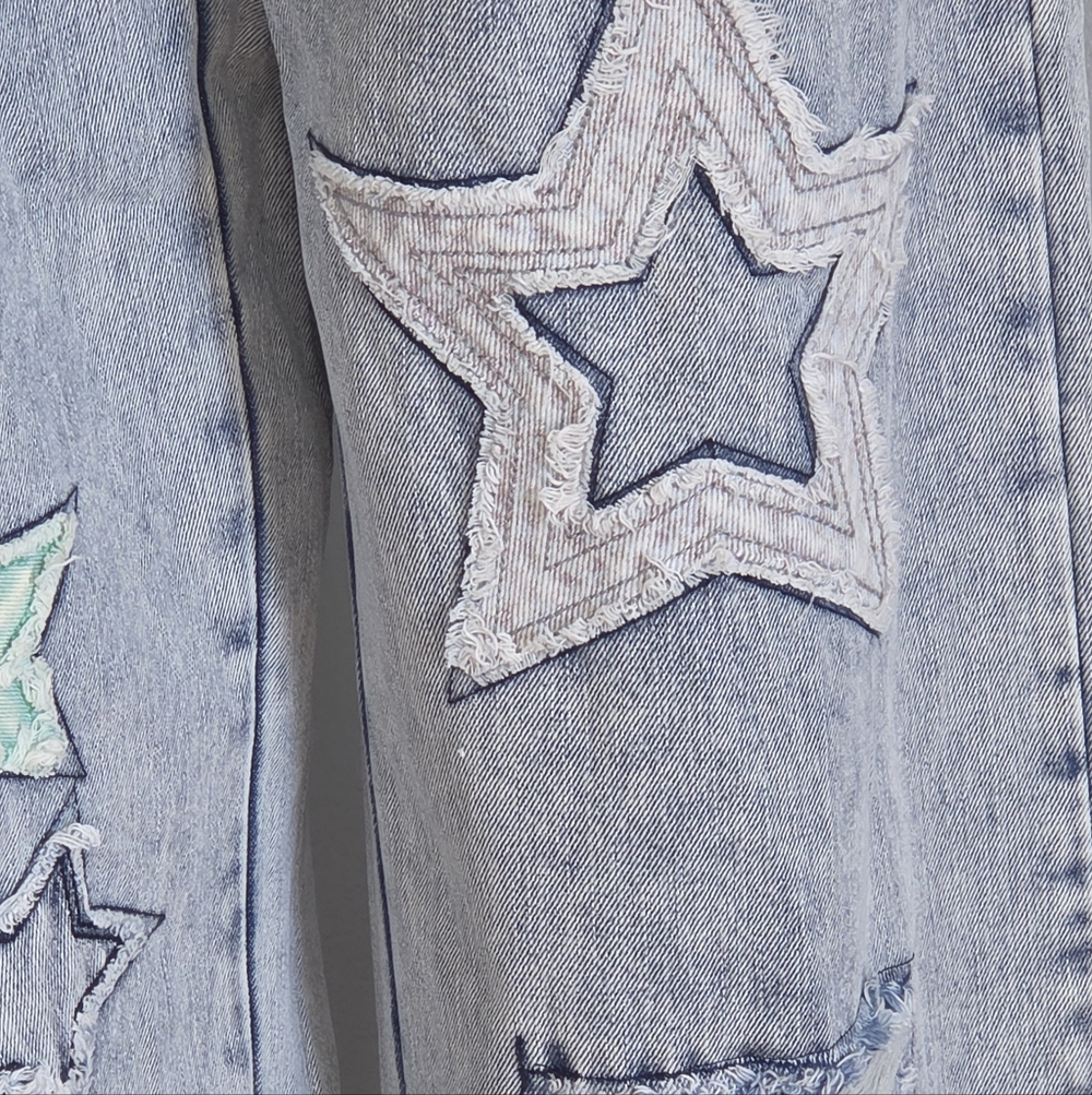 Women’s Straight Leg Jeans with Star & Peace Patchwork - Gray - Picture 10 of 13